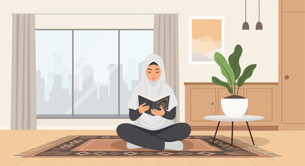 Fototapeta premium Muslim Woman Reading Quran Indoors, Peaceful Home Study, Islamic Faith