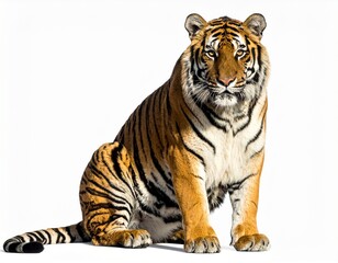 Obraz premium A majestic Bengal tiger with striking orange and black stripes sits calmly, looking directly at the viewer against a white background.