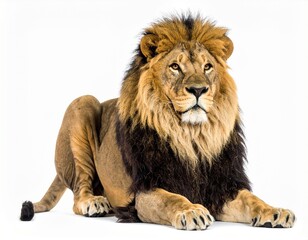 Obraz premium A majestic male lion with a dark and golden mane rests calmly, looking intently forward on a clean white background.