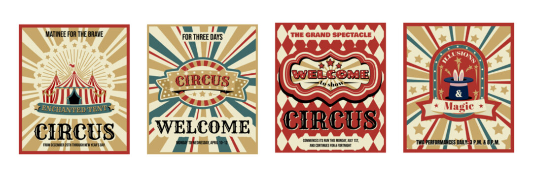 Retro circus carnival cards set, poster design with classic striped tent. Vintage vector illustration, fair striped background, ornamental borders for festive flyer layouts and event promotions