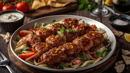 Fototapeta premium Delicious grilled meat skewers served on a vibrant bed of fresh vegetables, seasoned with rich spices, ideal for a Mediterranean-inspired meal