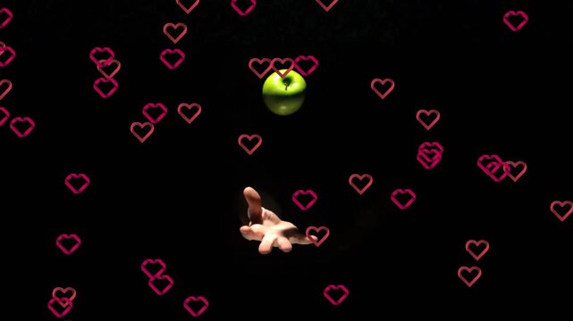 Single right hand releasing green apple upward, pink hearts appearing, hand catching for demo