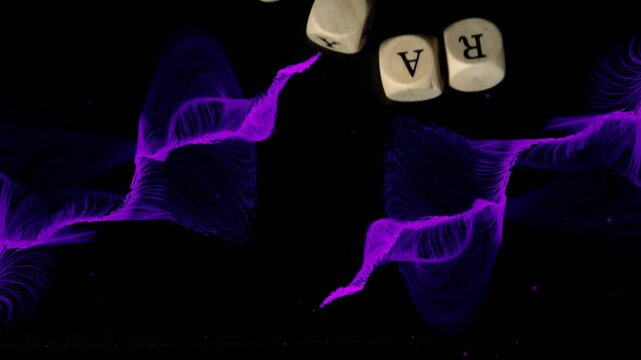 Purple ribbons appearing from edges guiding pale wooden letter cubes tumbling and settling into row