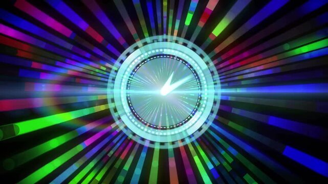 Playback starting dial rotating rings pulsing colored bars radiating lens flare sweeping for rhythm