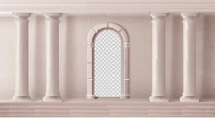 Naklejka premium Ancient greek or roman arch with marble columns, classical pillar design background. Realistic vector illustration of greece temple architecture with stone colonnade, stairs and ornate entrance portal