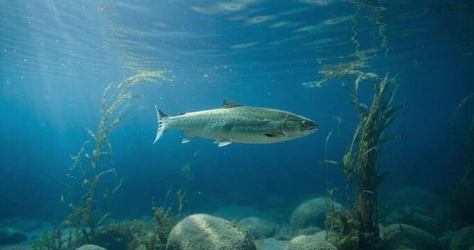 Underwater scene with silver fish swimming in clear blue water
