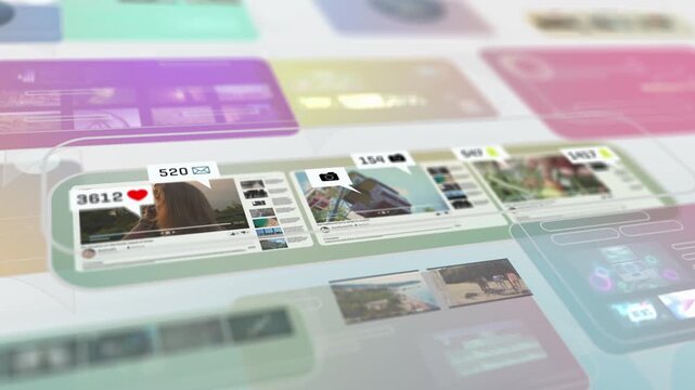 Clean abstract animation of social media content windows on a white background with layered UI elements and soft motion blur, symbolizing online platforms, digital interaction and information flow.