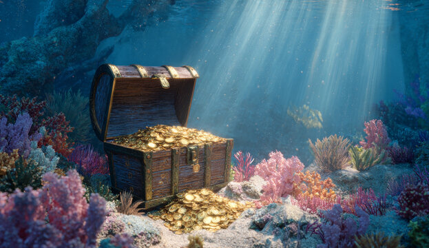 Open wooden treasure chest filled with shiny gold coins resting on colorful coral reef underwater scene
