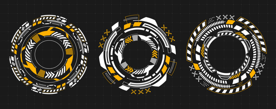 Futuristic round hud interface with circular tech elements and glowing target frames, isolated vector illustration. Abstract icons for cyber game design and sci-fi digital displays
