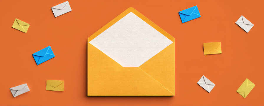 Open yellow envelope with white paper inside surrounded by miniature colorful paper envelopes on orange background