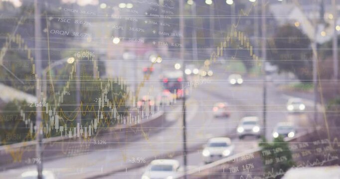 Curved road with flowing traffic, bus entering center causing charts shifting, visualizing markets