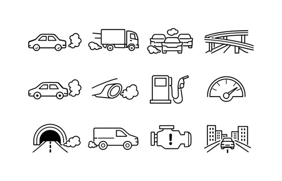 Vehicle Emission Surge. Line icon set of Vehicle Emission Surge: car exhaust smoke, diesel truck, traffic congestion, highway overpass,