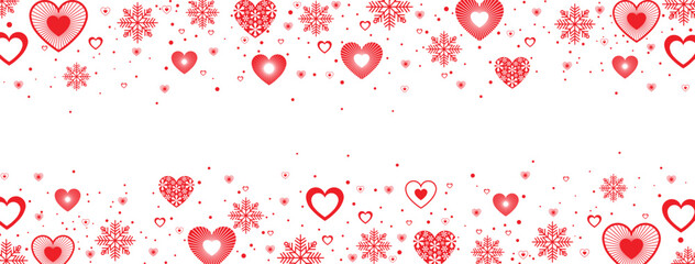 Obraz premium Festive red heart and snowflake pattern on white background, romantic winter design with scattered love symbols. Ideal for Valentine’s Day, Christmas, holiday cards, banners, wallpapers, and seasonal 