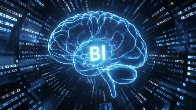 "Digital neon brain with BI letters surrounded by binary code"