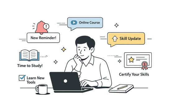 Keeping skills up to date. An editorial illustration showing notifications, learning reminders, and skill updates surrounding a focused