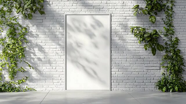 White Brick Wall Adorned with Green Vines and a Blank Frame for Custom Content.