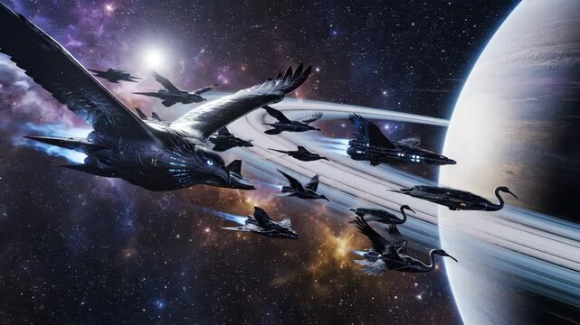 Futuristic Metallic Birds And Spaceships Fly Through Nebula Near Ringed Planet