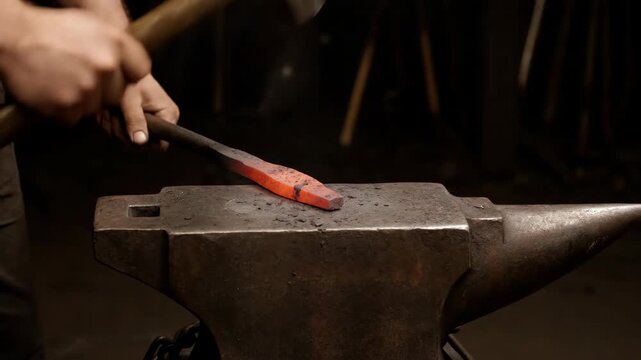 Metal forging: skilled hands strike glowing iron with hammer on anvil. Traditional craft shapes heated material, showing metal forging. Powerful metal forging symbolizes strength, creation,