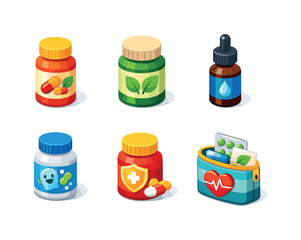 Wellness. Isometric flat vector icons set of Wellness: vitamin bottle, herbal supplement jar, dropper bottle, probiotic bottle, immunity