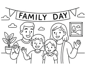 Fototapeta premium Happy family waving hello, celebrating family day with banner and plant