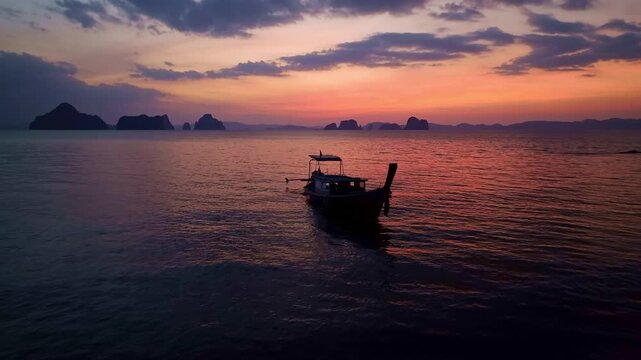 Aerial drone view of sunset or sunrise sky over sea, Beautiful island landscape in Krabi Thailand