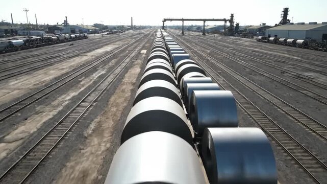 Freight train loaded with steel coils moving through rail yard. Industrial cargo transportation