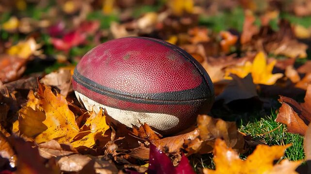 Rugby Ball Resting Among Vibrant Red and Golden Autumn Leaves on Sunny Grass.