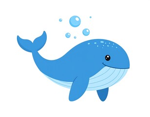 Obraz premium Cartoon-style, blue whale illustration with bubbles on a white background