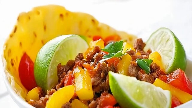 Close up view of fresh beef taco bowl with vibrant peppers and zesty lime wedges.