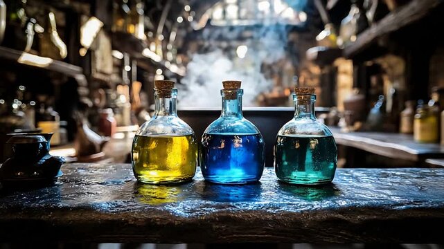 Colorful glowing potions in glass bottles on a wet wooden table in a magical laboratory.