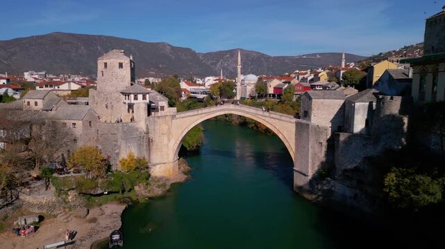 Mostar in Bosnia: 4K aerial drone view of the river and bridge