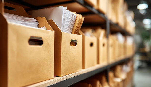 Organized brown cardboard file boxes filled with documents on industrial shelving in an office storage room