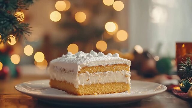 Delicious Layered Cake Slice Dusted with Powdered Sugar in Warm Festive Holiday Setting.