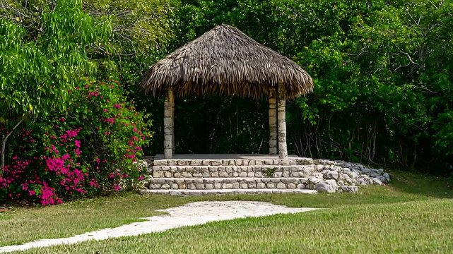 Picturesque Tropical Thatch Roof Gazebo in a Lush Garden with Vibrant Pink Bougainvillea.