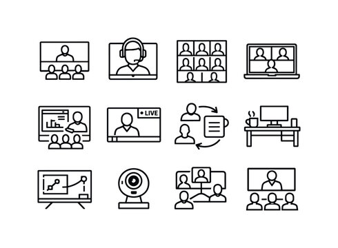 Virtual Workshop Icons. Remote Online Workshops. Line icon set of Remote Online Workshops: virtual workshop screen, online presenter, participants grid, video