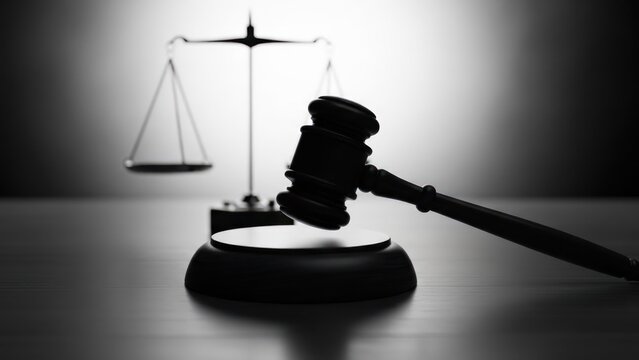 Justice symbols gavel rests on stand, scales in background, in a grayscale setting