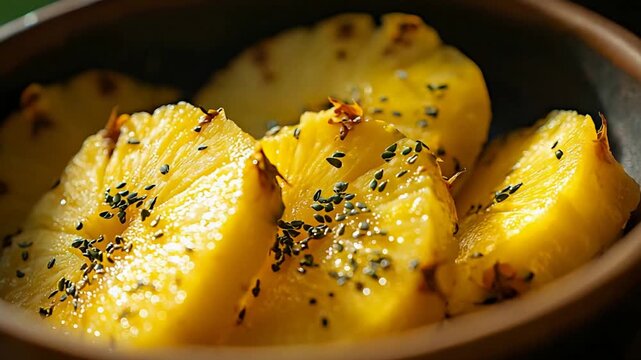 Juicy golden pineapple slices topped with healthy black seeds, a sweet and tangy tropical treat.