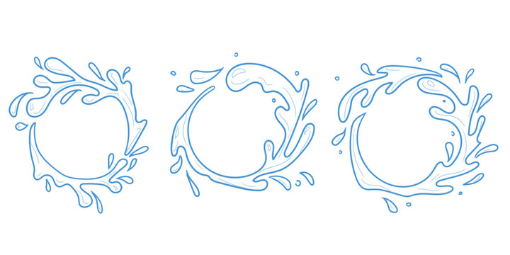 Splashes and drops, round frames, sketch. Vector illustration. Puddles and waves, set isolated on white background. Concept of summer, water Thai festival Songkran and travel. Not AI