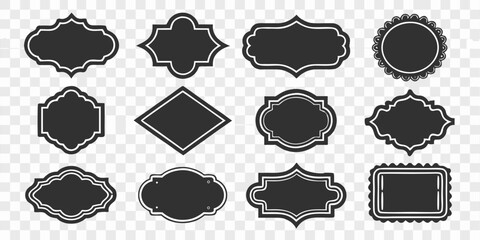 A collection of 24 unique, black, label-shaped silhouettes arranged on a transparent, checkered background. The labels vary in shape and size, each featuring a black fill outlined by a thin, white bor