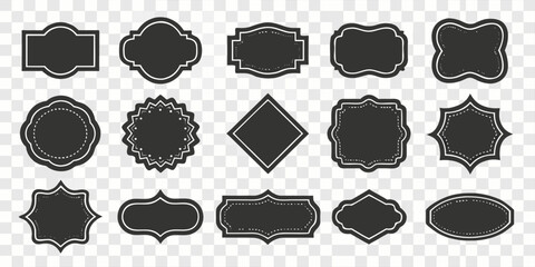 A collection of 24 unique, black, label-shaped silhouettes arranged on a transparent, checkered background. The labels vary in shape and size, each featuring a black fill outlined by a thin, white bor