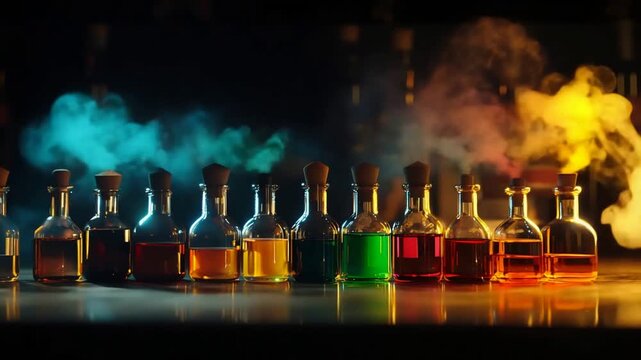 Enchanting Elixirs in Glass Bottles with Corks and Swirling Colorful Smoke.