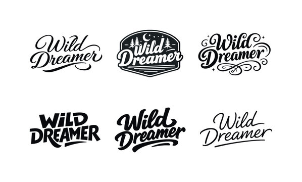Wild dreamer script. Set lettering. harmonious lettering variations of the same emblematic concept, each with different artistic