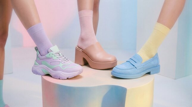 Pastel sneaker, platform mule, and blue loafer displayed on modern pedestal, featuring colorful socks and soft lighting for trendy, playful fashion vibe