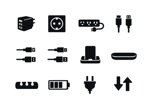 Device charging setup. Solid icon set of Device charging setup: multi port charger, wall socket, power strip, USB C cable, lightning cable,