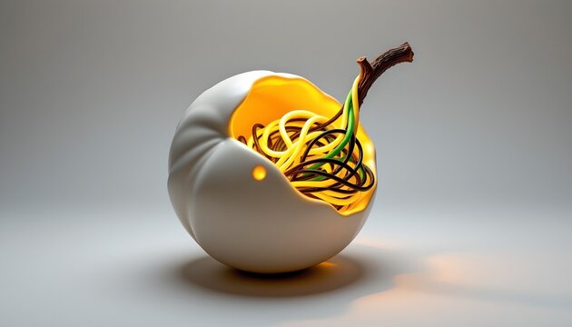 A whimsical pumpkin shaped light fixture with intricate interior detailing, what appears to be