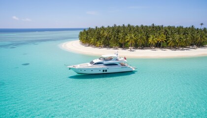 Obraz premium Aerial drone shot of white yacht cruising over crystal clear turquoise water with visible coral reef beneath. Small tropical islands on horizon under bright sun. Ideal for tourism and marine brands. 