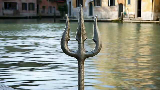 Close up of Traditional Venetian Gondola Trident against Rippling Canal Water in Italy.