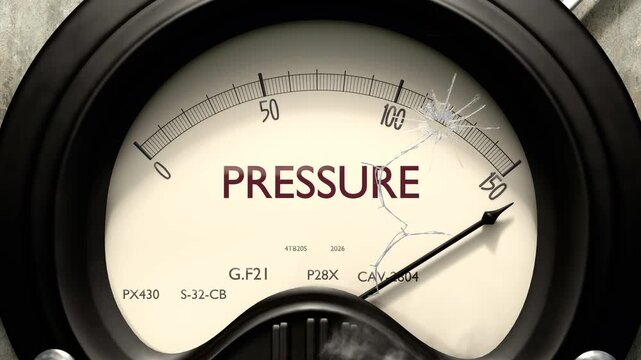 Pressure meter showing big levels of pressure. Dangerously increasing high values of pressure, critical overload. Too much, off the charts. Max pressure