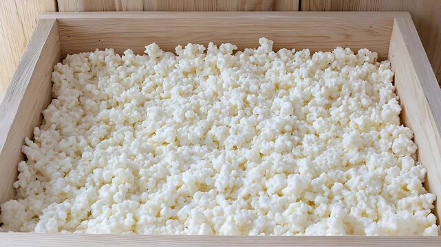 Abundant White Milk Kefir Grains Thriving in a Rustic Wooden Fermentation Box.