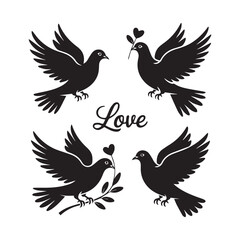Obraz premium Sweetest Love Dove Silhouette Set Wedding Bird Icons with Hearts and Olive Branches